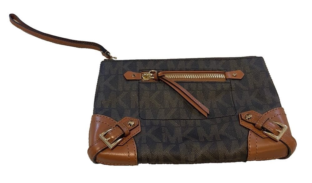 Michael Kors MK Jet Set Travel Double Zip Phone Wristlet Wallet Brown Signature